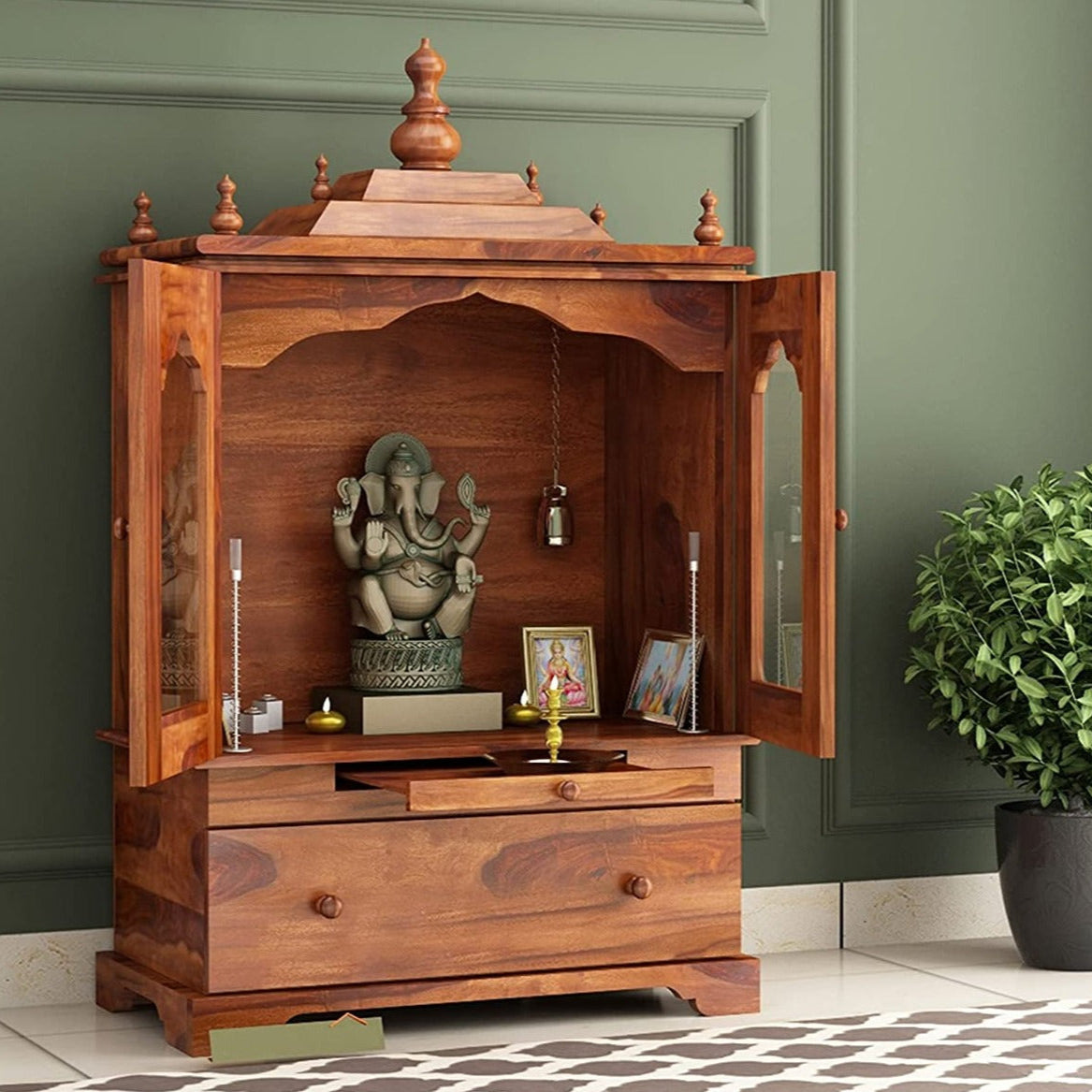 Temple with single drawer made of solid sheesham wood