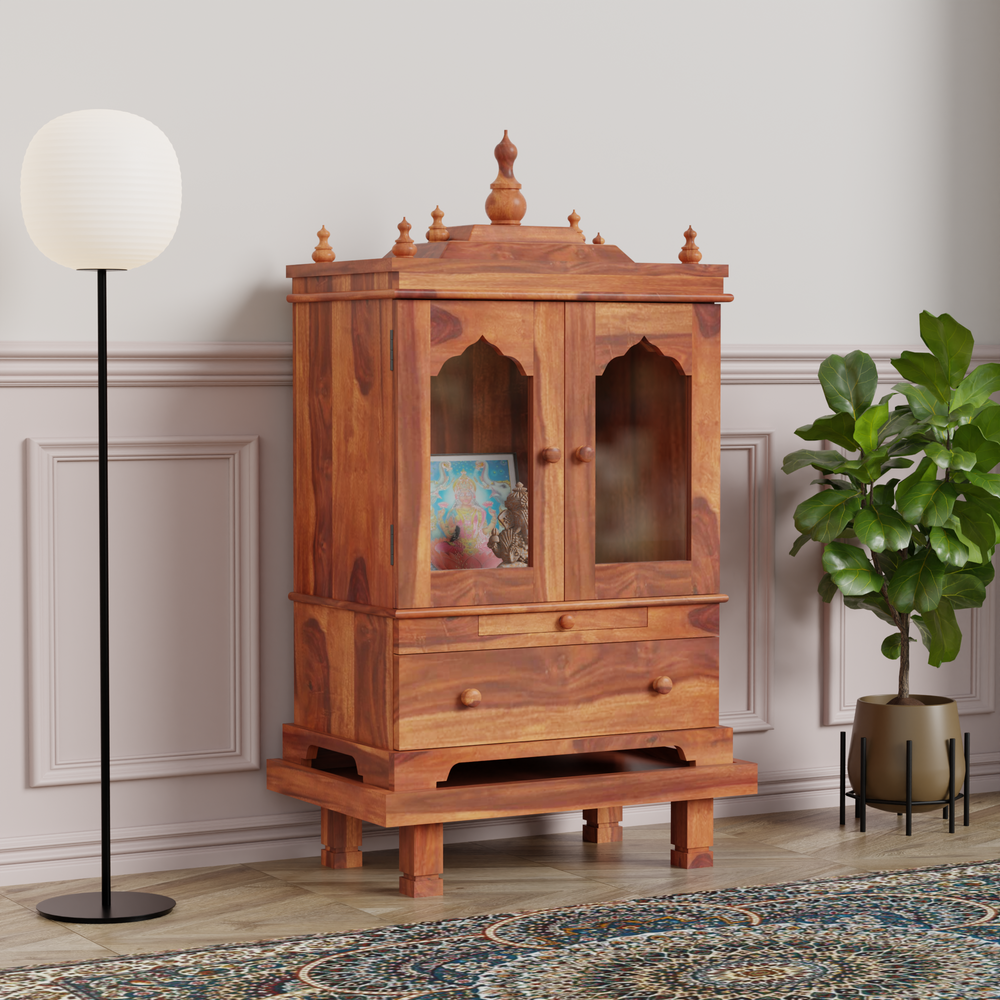 Temple with single drawer and chowki made of solid sheesham wood