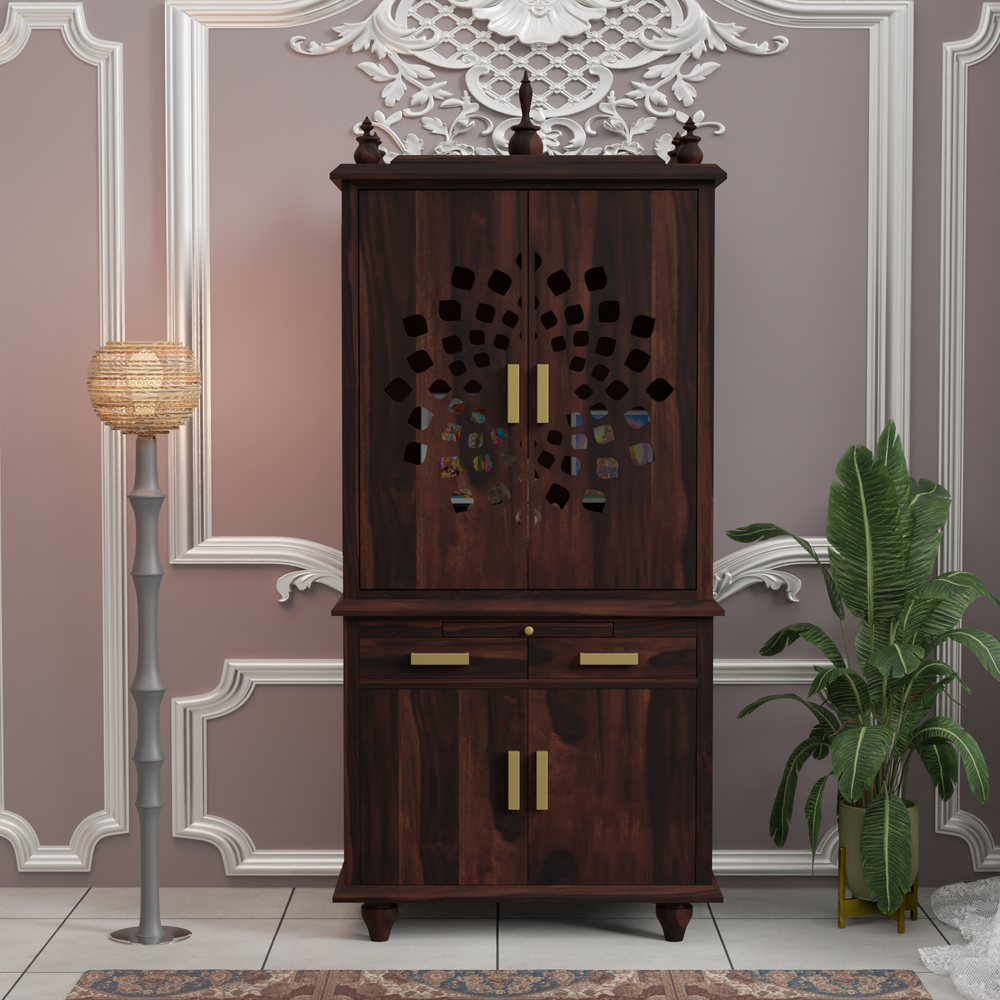Temple with 2-drawers and 2-doors cabinet made of solid sheesham wood