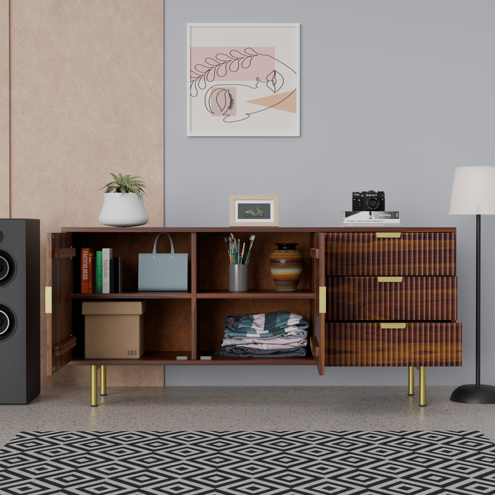 Sideboard with two doors and three drawers made of solid sheesham wood and Metal
