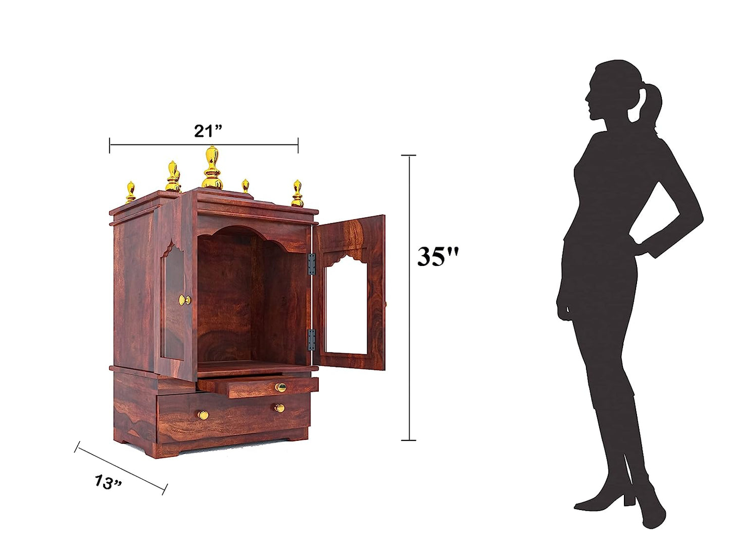 Temple with two doors and single drawer made of solid sheesham wood