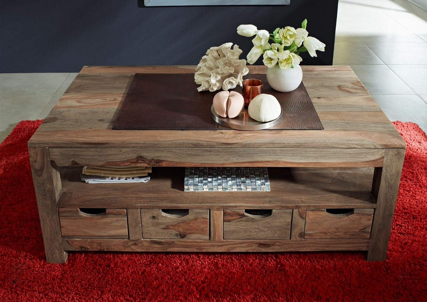 Coffee table with four drawers made of solid sheesham wood