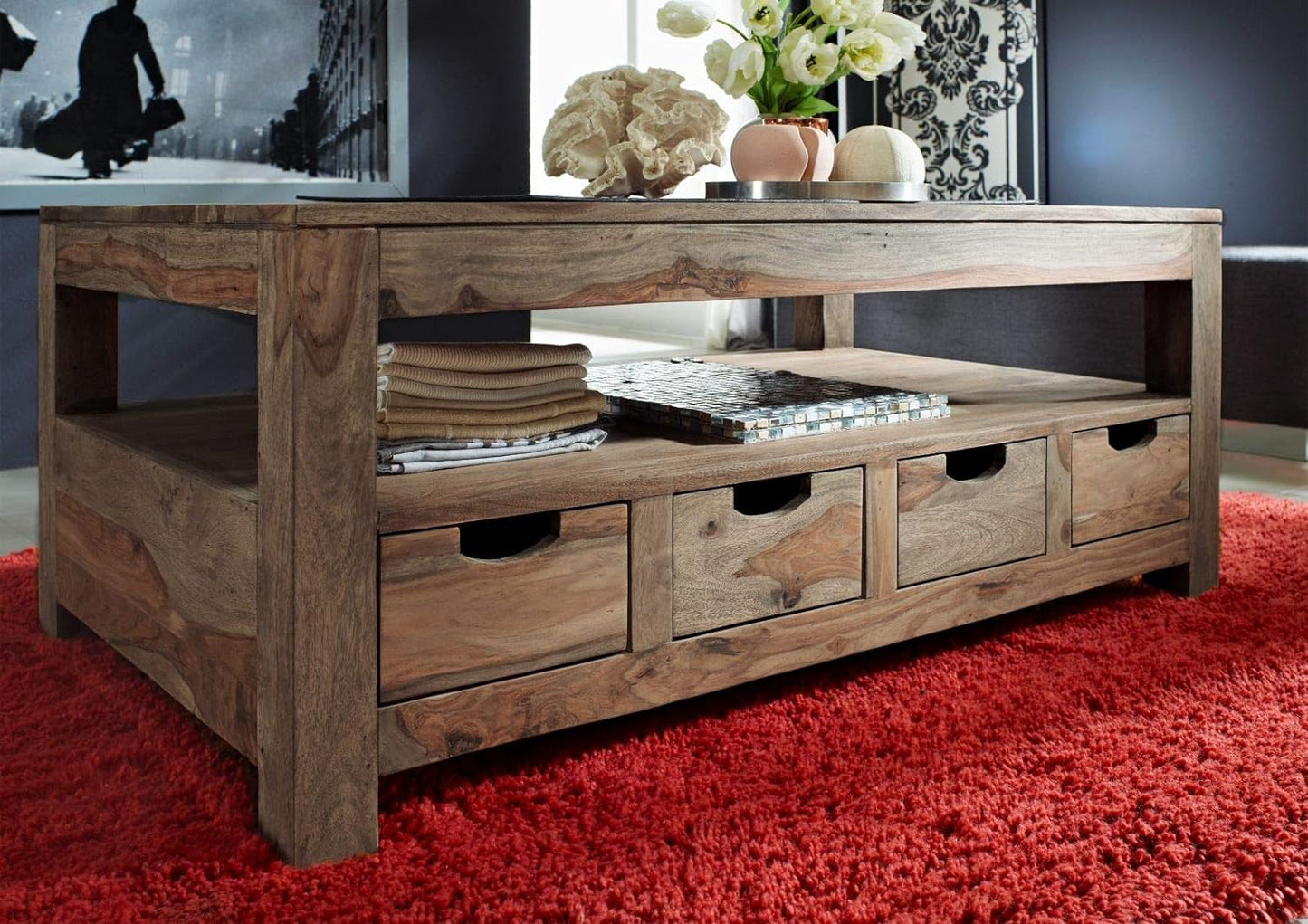 Coffee table with four drawers made of solid sheesham wood