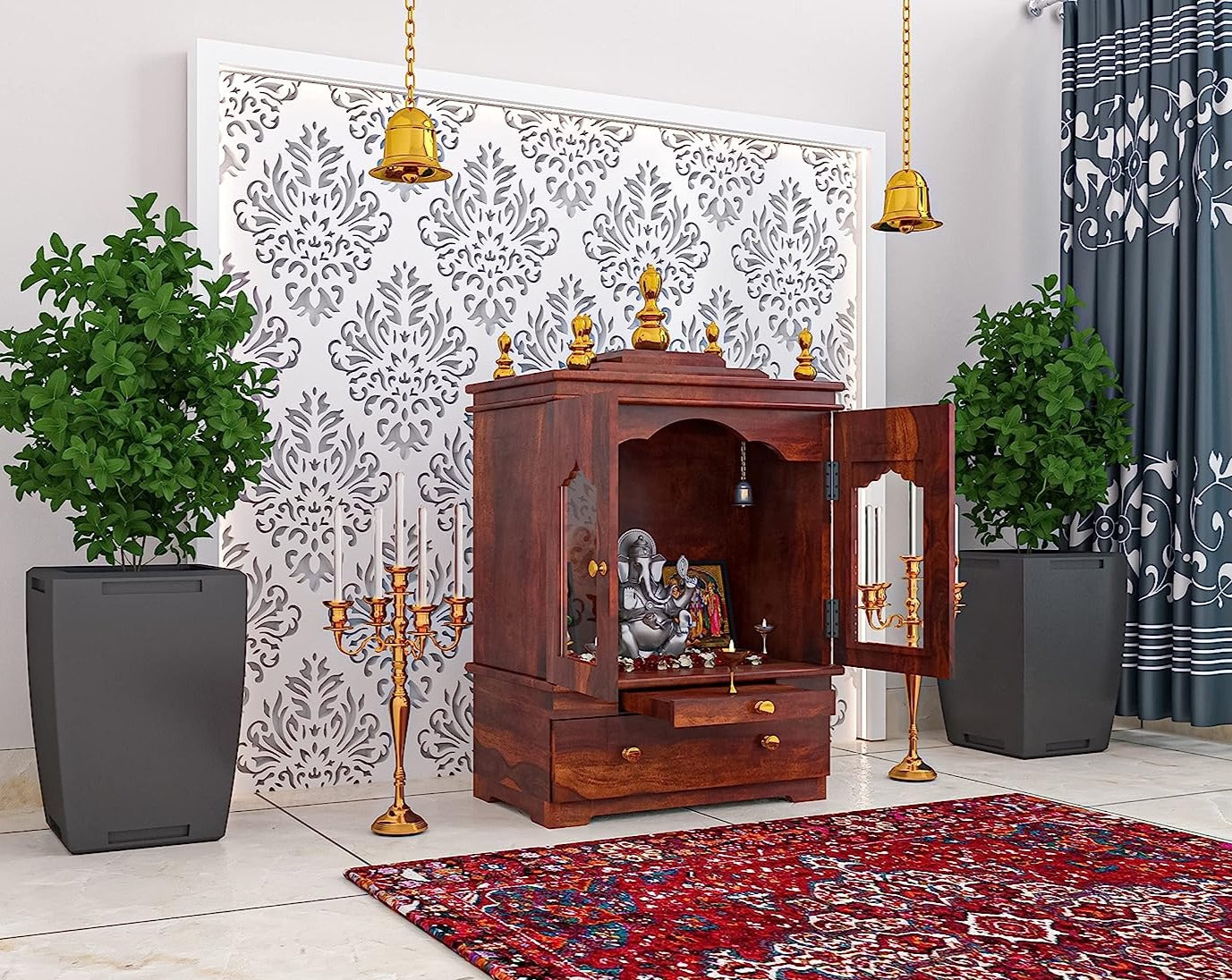 Temple with two doors and single drawer made of solid sheesham wood