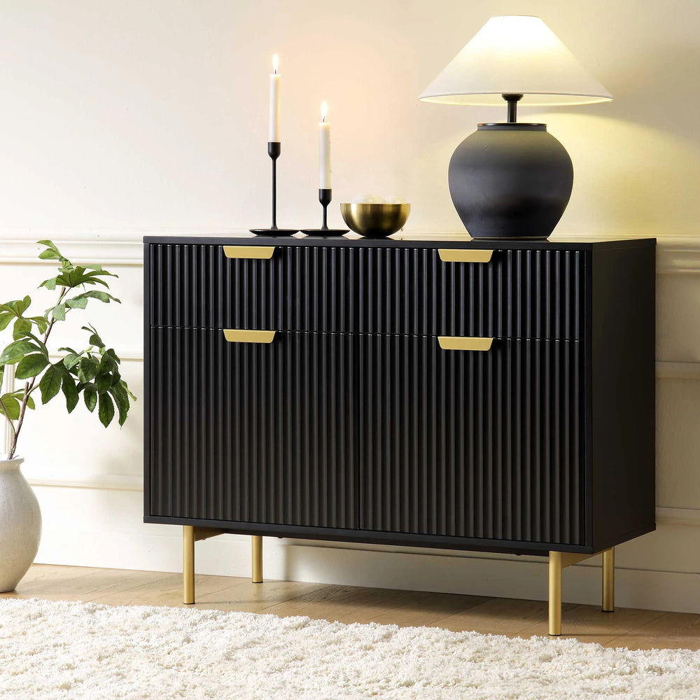 Sideboard cabinet with two doors and two drawers made of solid engineered wood and Metal