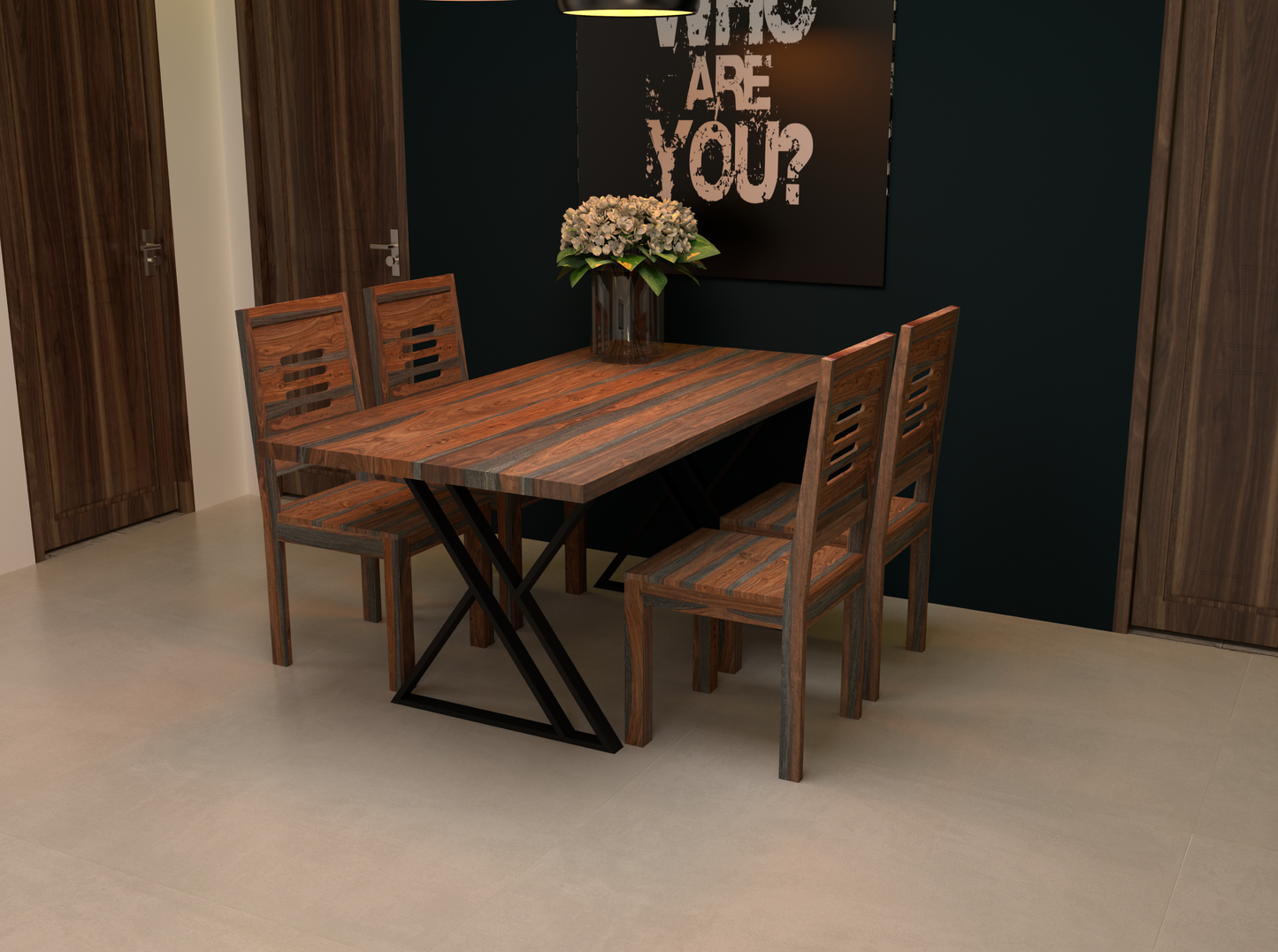 Four seater dining with four chairs made of solid sheesham wood and iron