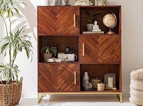 Bookshelf and cabinet with three doors made of solid acacia wood and iron