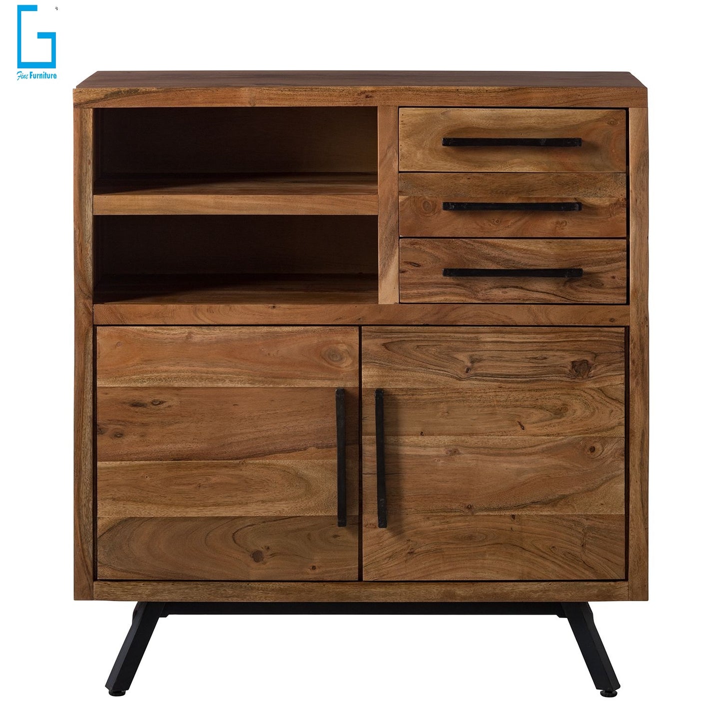 Sideboard with two doors and three drawers made of solid acacia wood and Iron
