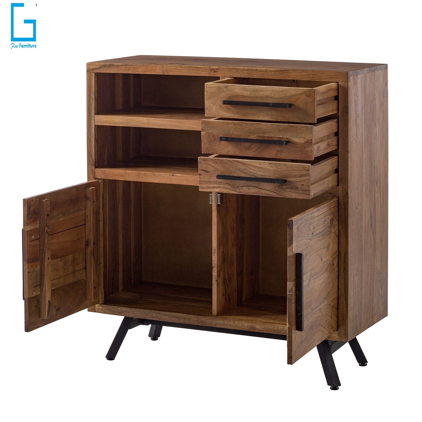 Sideboard with two doors and three drawers made of solid acacia wood and Iron