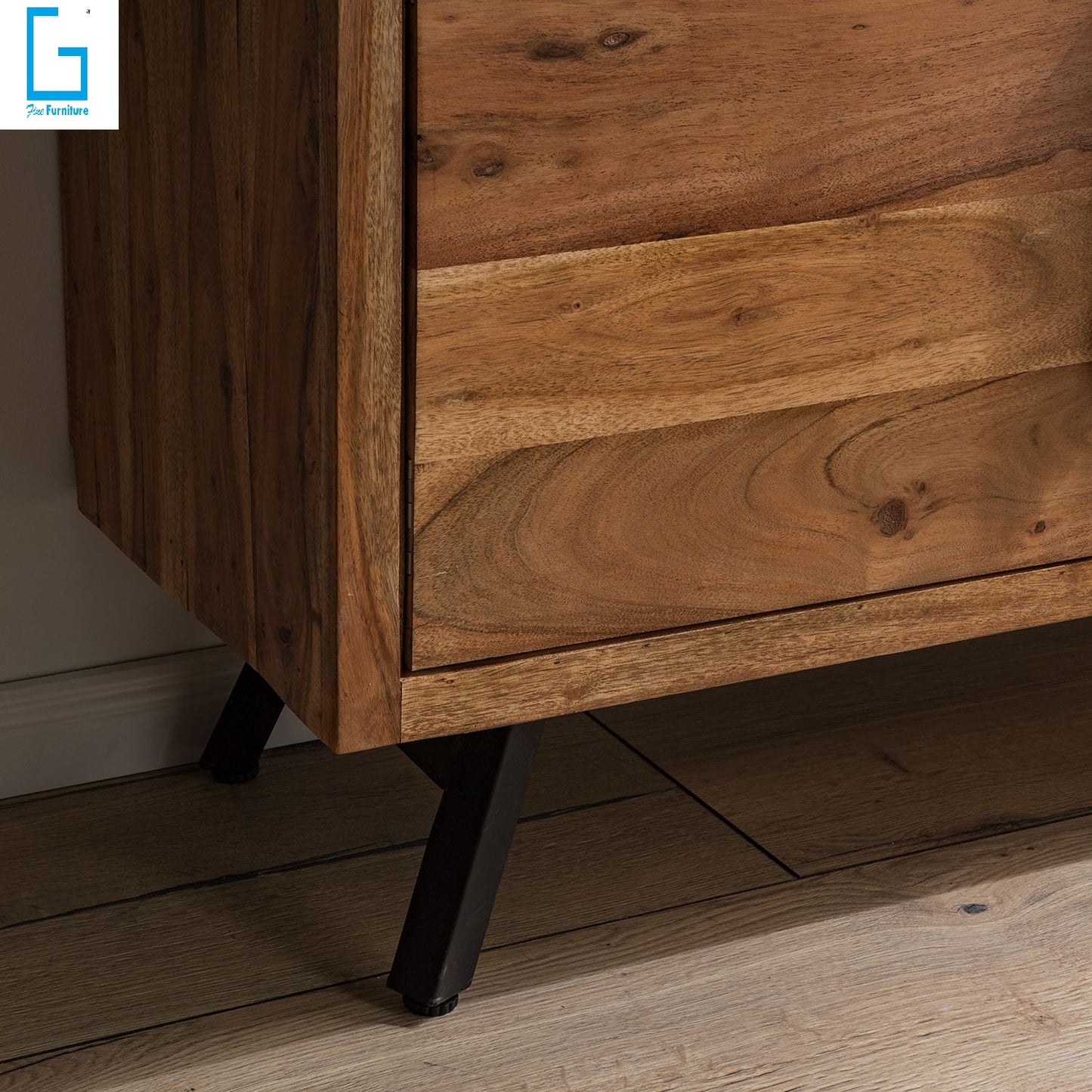 Sideboard with two doors and three drawers made of solid acacia wood and Iron
