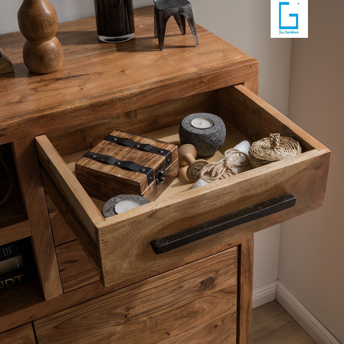 Sideboard with two doors and three drawers made of solid acacia wood and Iron