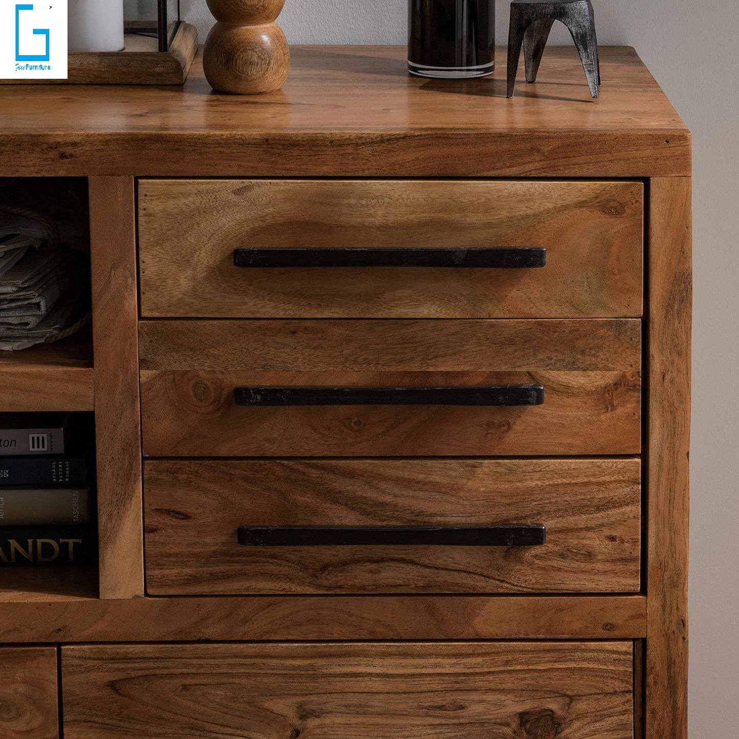 Sideboard with two doors and three drawers made of solid acacia wood and Iron