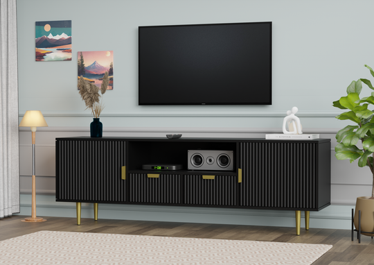 Tv unit with two doors and two drawers made of solid engineered wood and Metal
