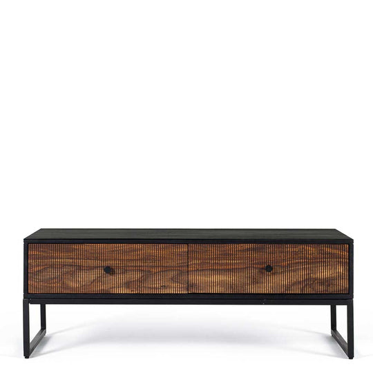Tv unit with two drawers made of solid sheesham wood, engineered wood and metal