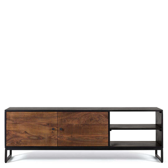 Tv unit with two doors made of solid sheesham wood, engineered wood and metal