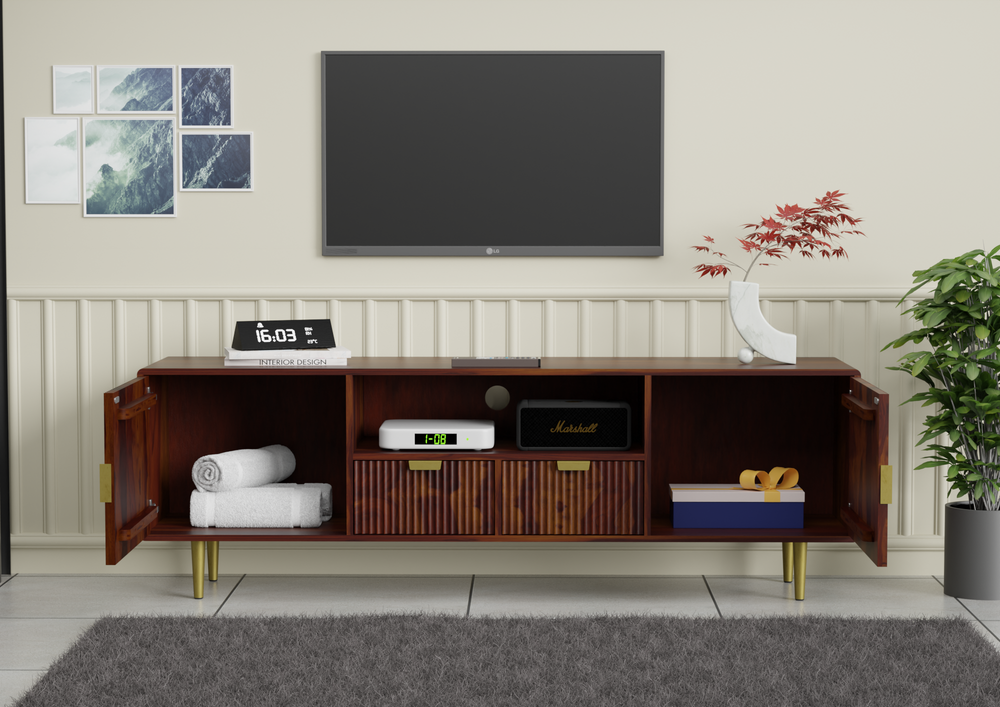 Tv unit with two doors and two drawers made of solid sheesham wood and Metal