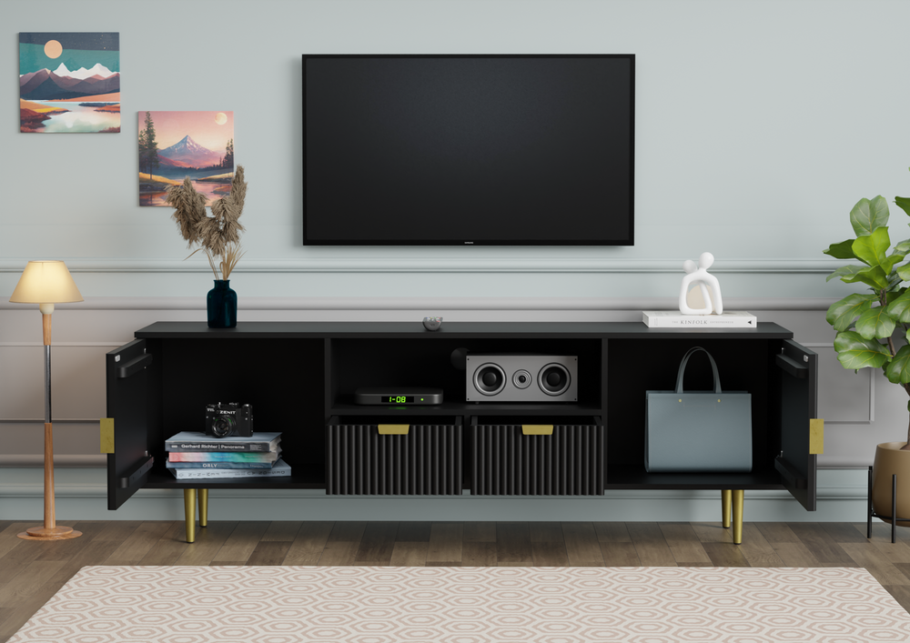Tv unit with two doors and two drawers made of solid engineered wood and Metal