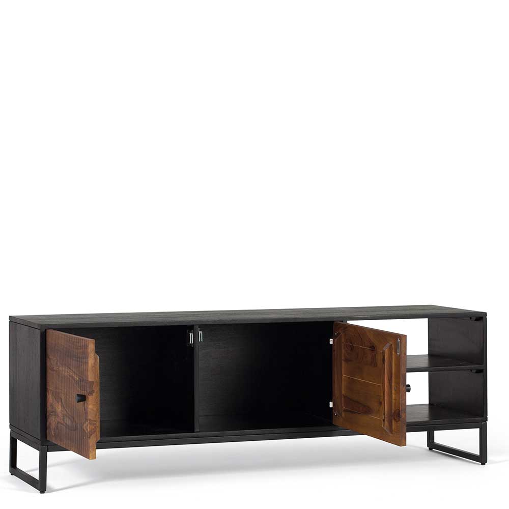 Tv unit with two doors made of solid sheesham wood, engineered wood and metal