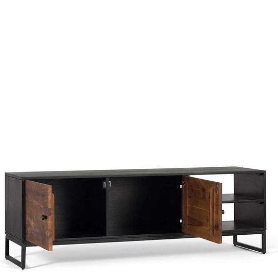 Tv unit with two doors made of solid sheesham wood, engineered wood and metal