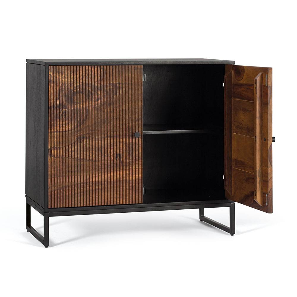 Sideboard cabinet with two doors made of solid sheesham wood, engineered wood and metal