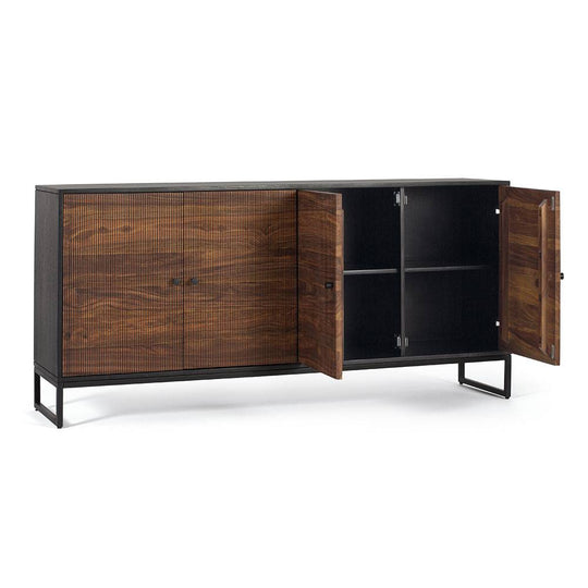 Sideboard cabinet with four doors made of solid sheesham wood, engineered wood and metal