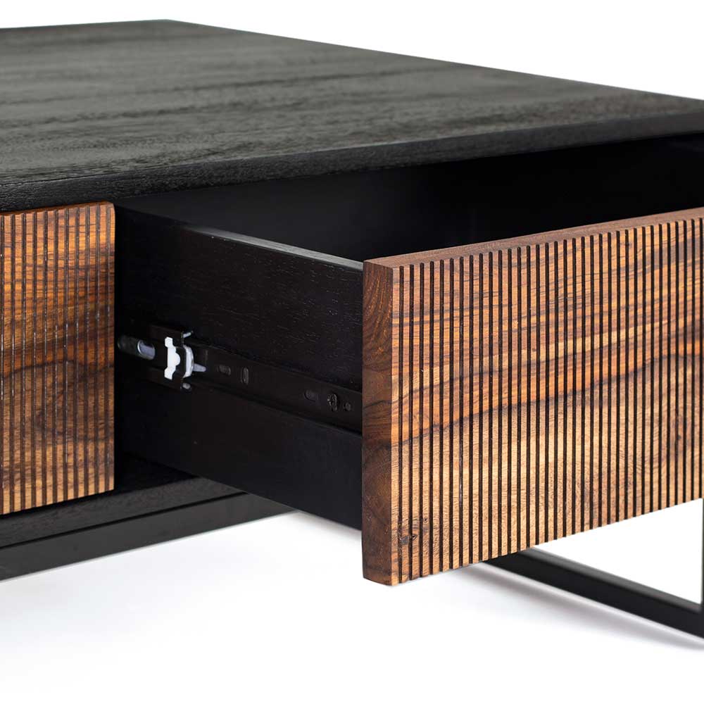 Tv unit with two drawers made of solid sheesham wood, engineered wood and metal