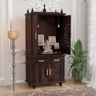 Temple with 2-drawers and 2-doors cabinet made of solid sheesham wood