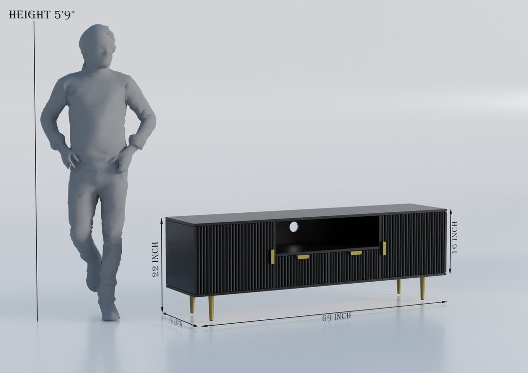 Tv unit with two doors and two drawers made of solid engineered wood and Metal