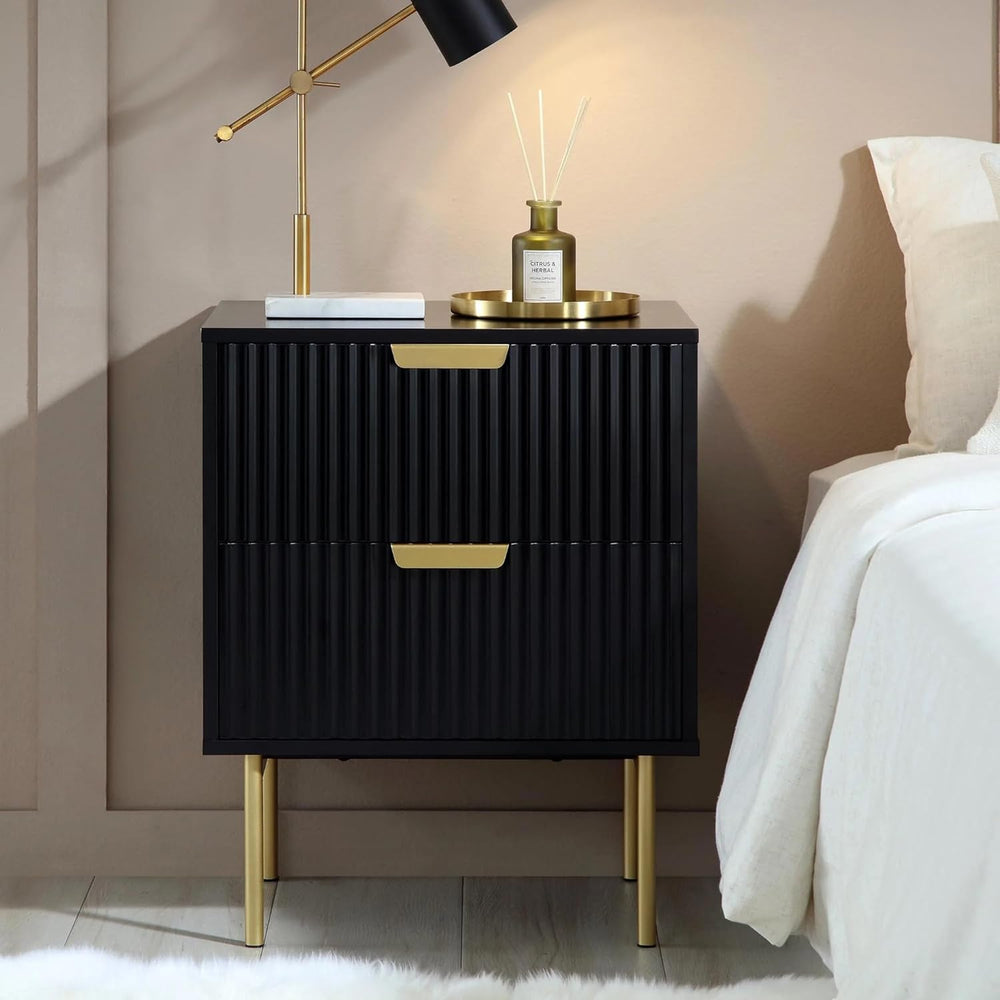 Bed side table with 2-drawer made of solid engineered wood & Iron