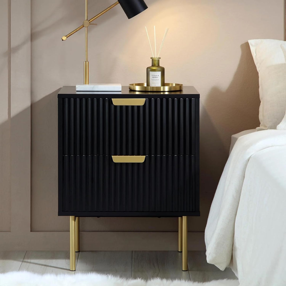 Bed side table with 2-drawer made of solid engineered wood & Iron