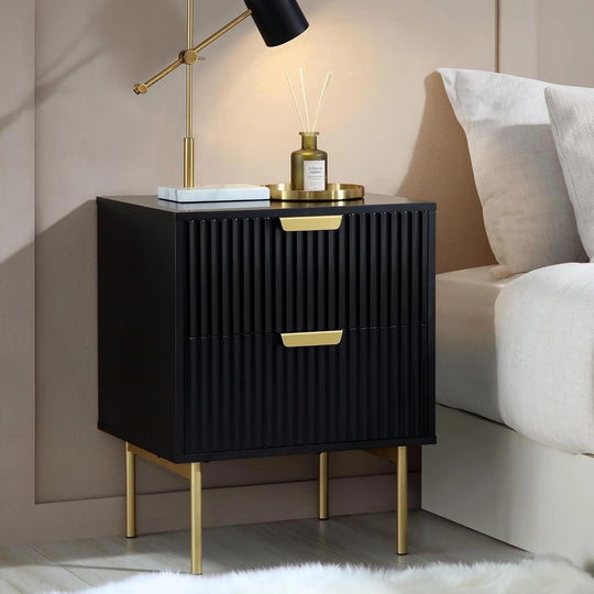 Bed side table with 2-drawer made of solid engineered wood & Iron