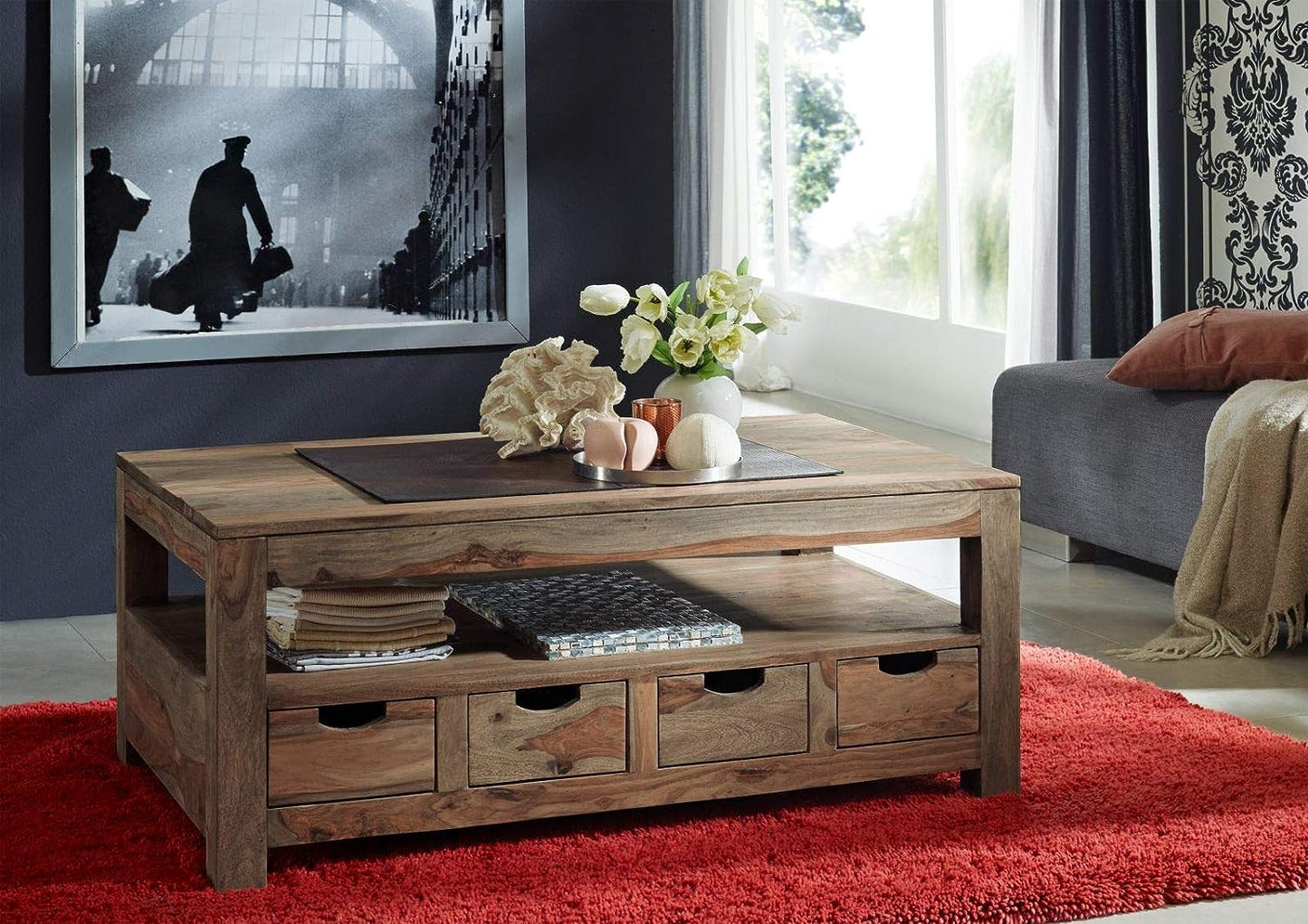 Coffee table with four drawers made of solid sheesham wood