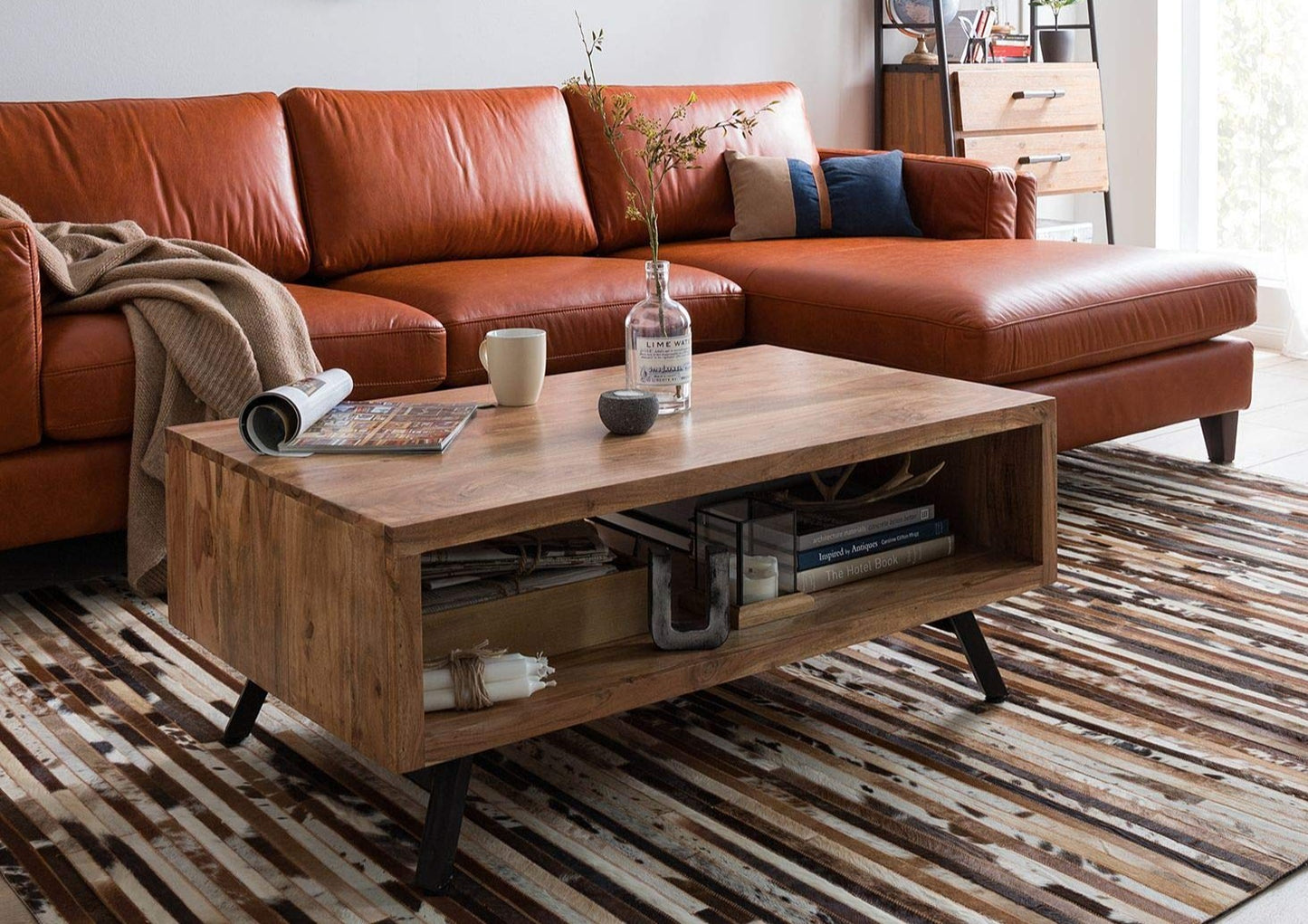Coffee table made of solid acacia wood and iron