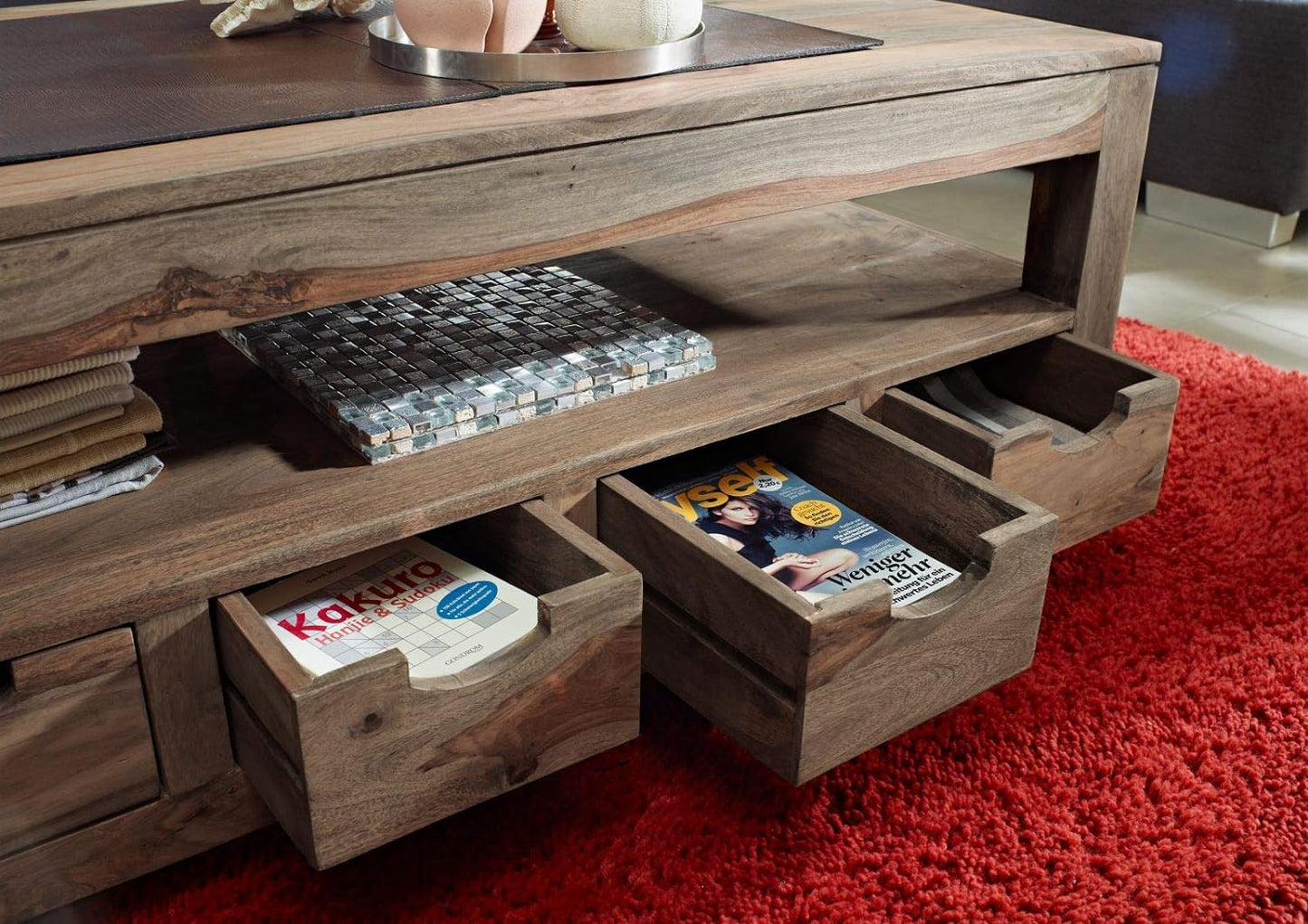 Coffee table with four drawers made of solid sheesham wood