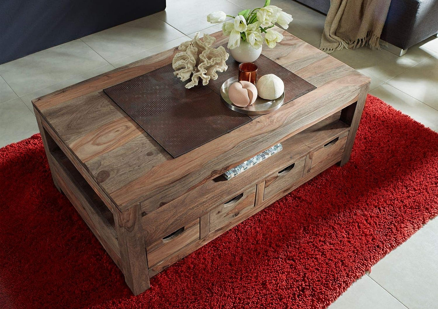 Coffee table with four drawers made of solid sheesham wood