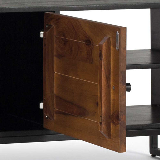 Tv unit with two doors made of solid sheesham wood, engineered wood and metal