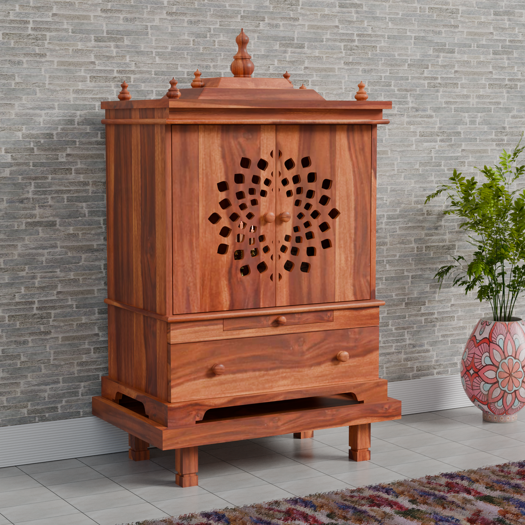 Temple With Single Drawer And Chowki Made Of Solid Sheesham Wood