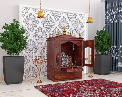 Temple with two doors and single drawer made of solid sheesham wood