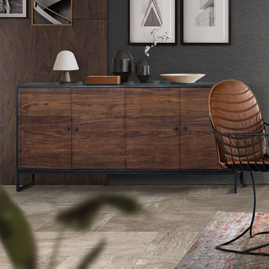 Sideboard cabinet with four doors made of solid sheesham wood, engineered wood and metal