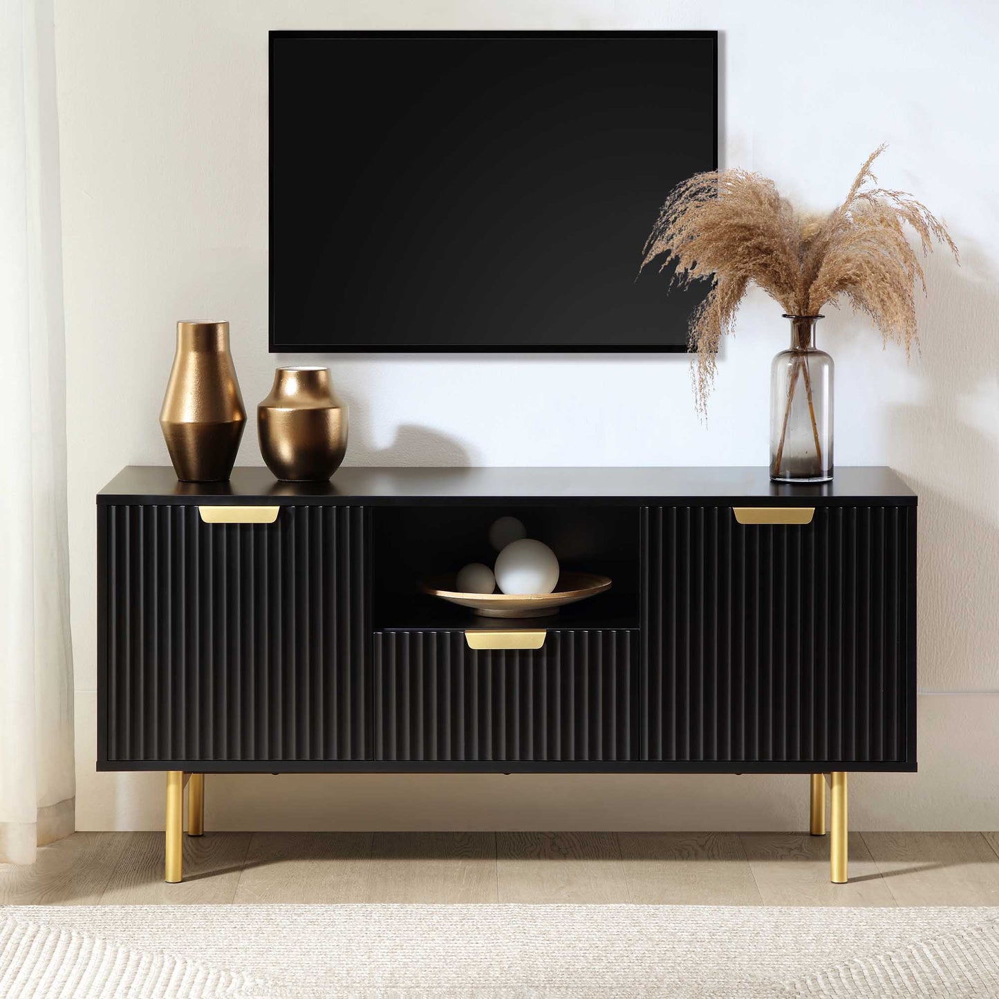 Tv unit with two doors and single drawer made of solid mango wood and iron
