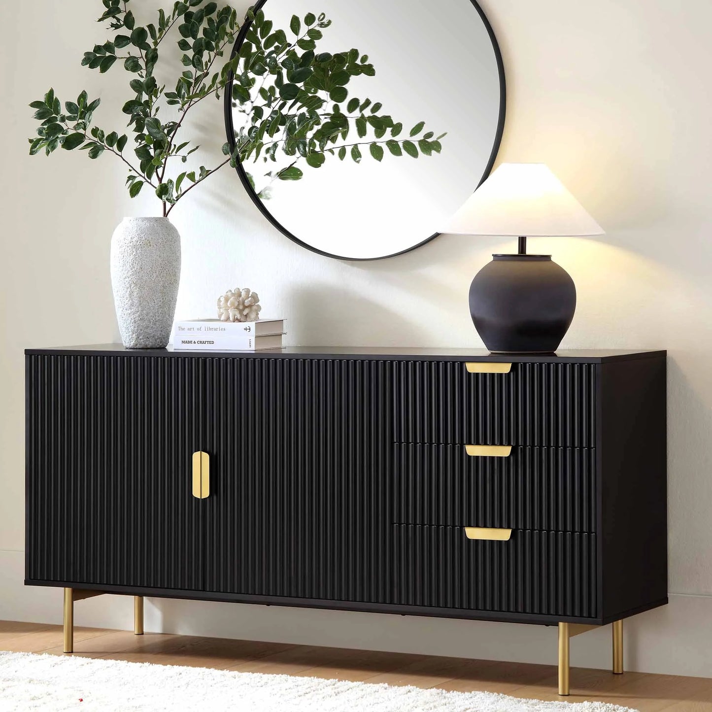 Sideboard with two doors and three drawers made of solid mango wood and iron