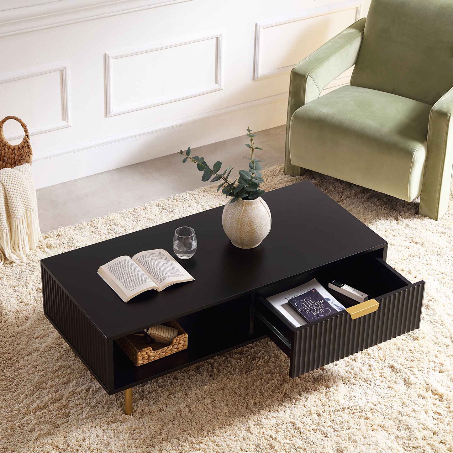 Coffee table with single drawer made of solid sheesham wood and iron