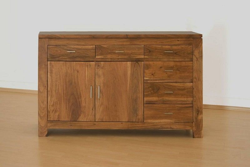 Sideboard with two doors and six drawers made of solid acacia wood