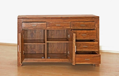 Sideboard with two doors and six drawers made of solid acacia wood