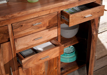 Sideboard with three doors and five drawers made of solid acacia wood