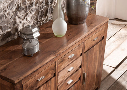 Sideboard with three doors and five drawers made of solid acacia wood