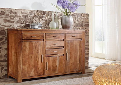 Sideboard with three doors and five drawers made of solid acacia wood