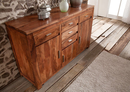 Sideboard with three doors and five drawers made of solid acacia wood
