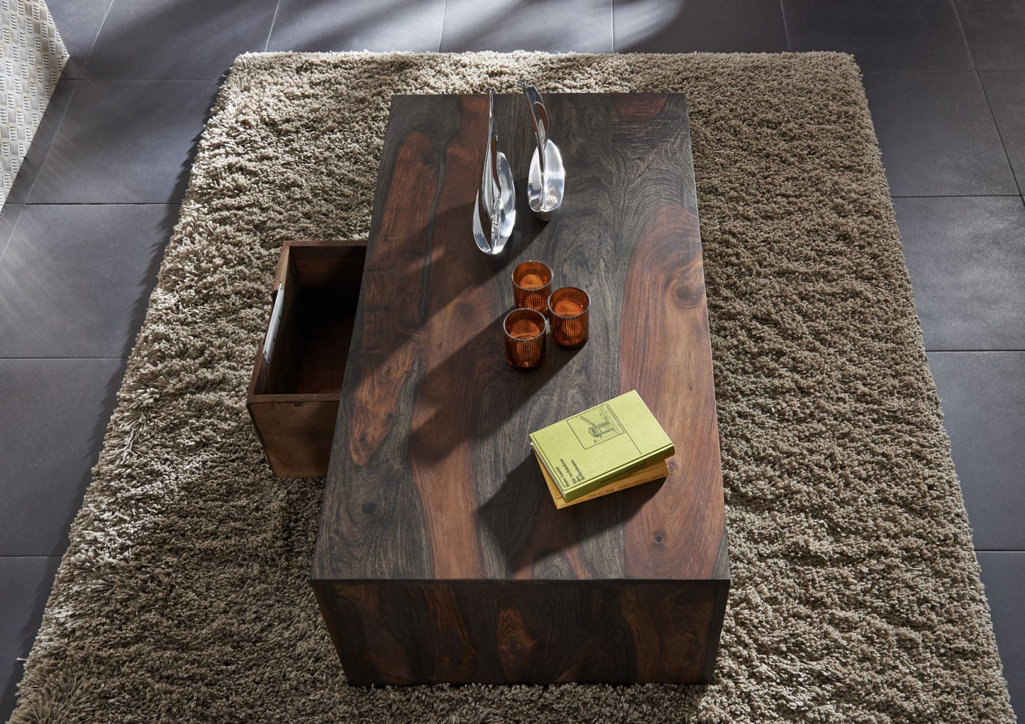 Coffee table with two drawers made of solid sheesham wood