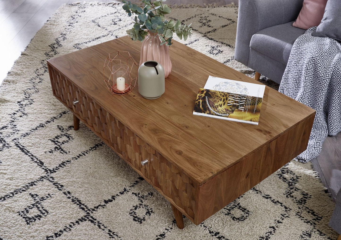 Coffee table with two drawers made of solid acacia wood
